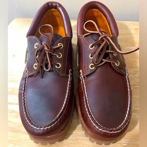 Timberland Men’s 10.5 3 Eye Deck Shoes Burgundy Brown Leather Lug Sole EUC!!!